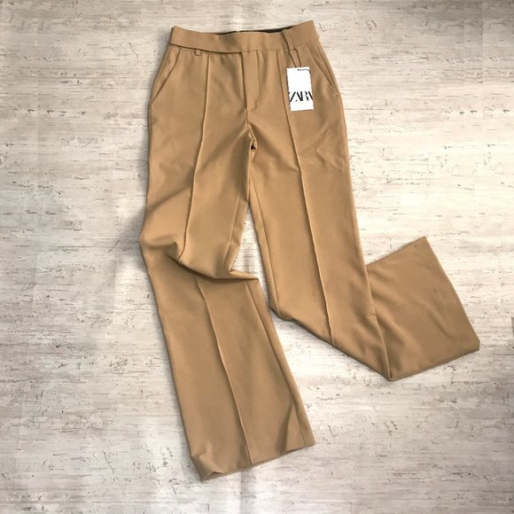 ZARA FLARED MID-RISE CAMEL WIDE LEG PANTS - Picture 4 of 13